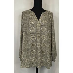 Tahari Womens 2X Long Sleeve Split Neck Woven Top Medallion Print Career Casual
